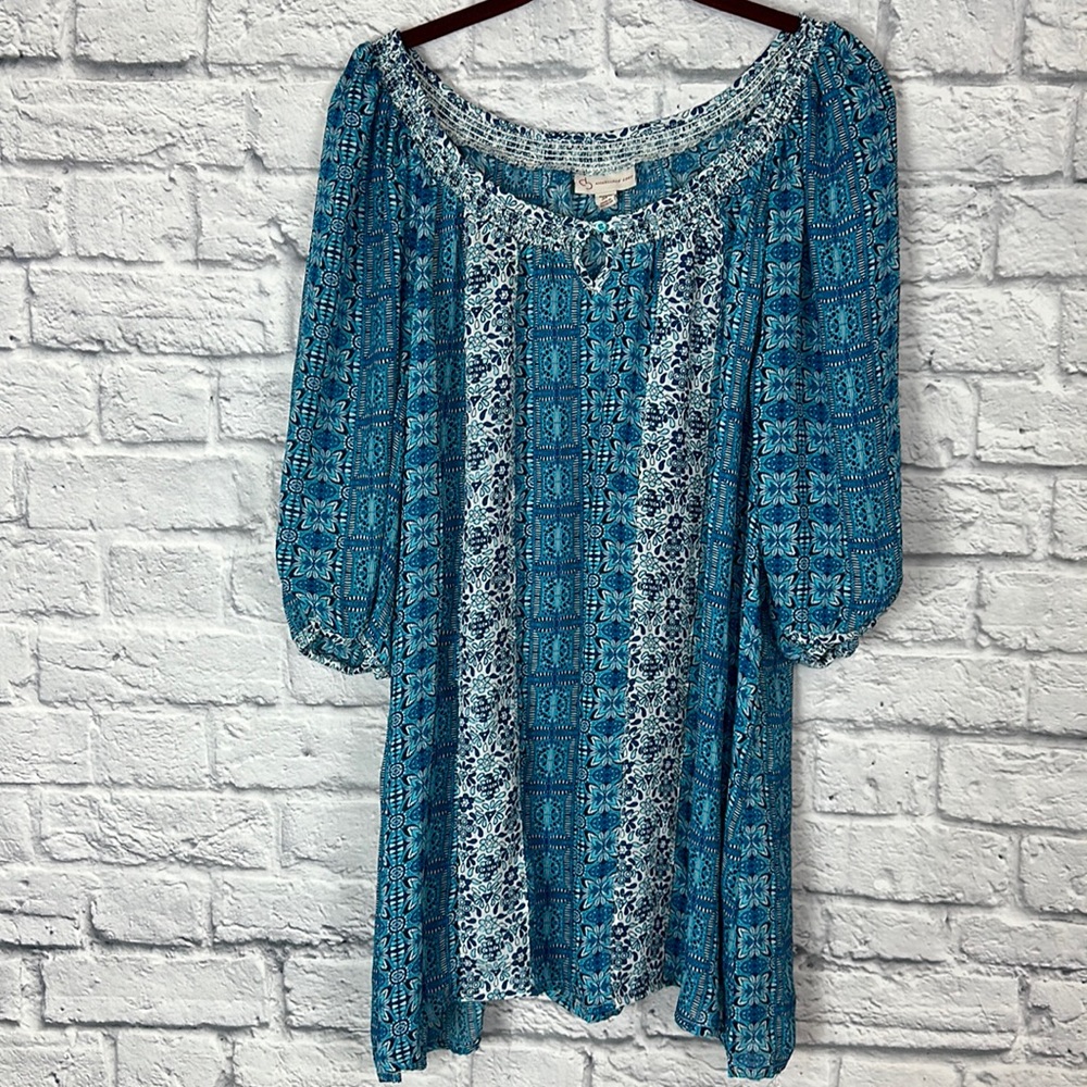 Dress Barn Peasant Blouse Blue and White Patterned Size 3X